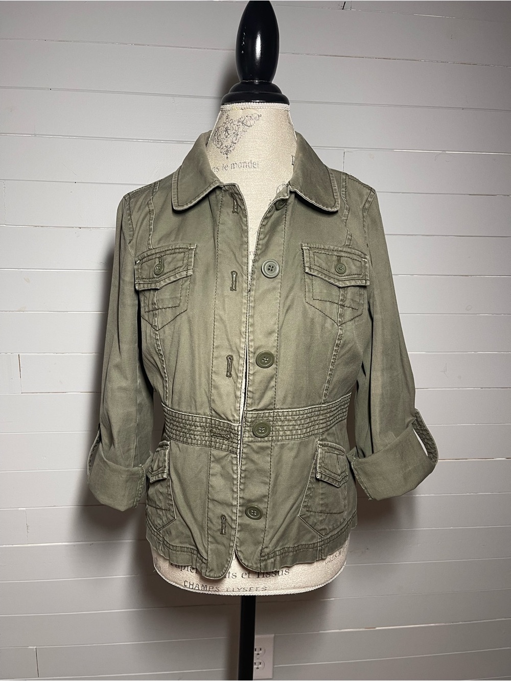 LOFT Petite Women’s Olive Green Utility Military Jacket 10P Roll Tab